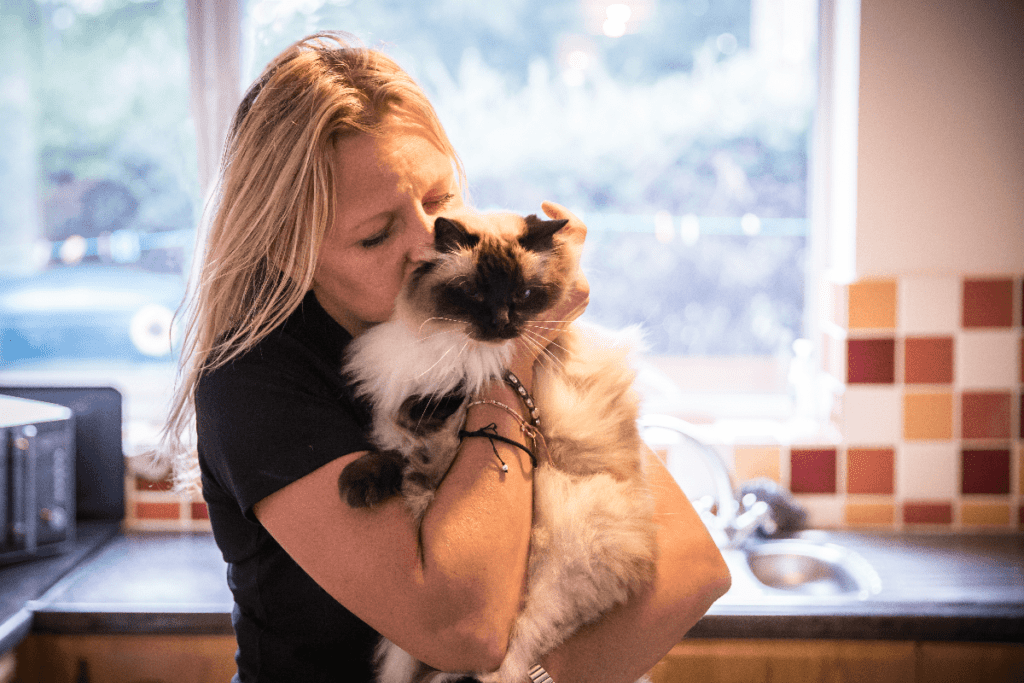 Woman kiss cat in kitchen